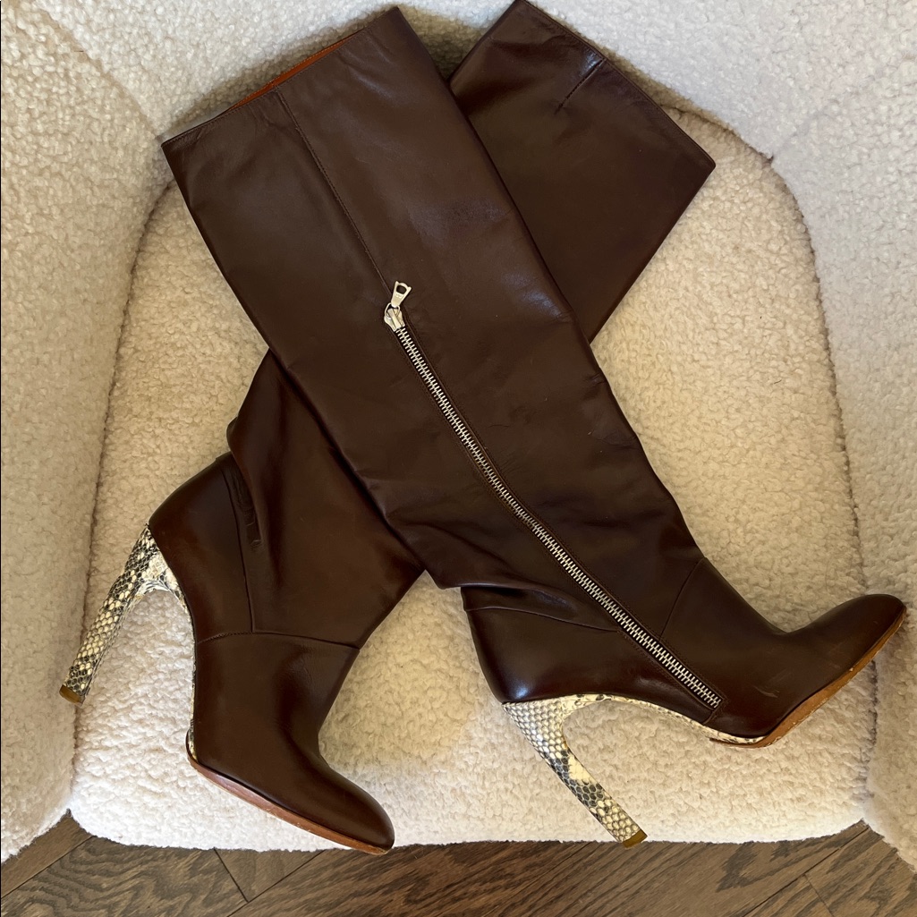 Women's Brown Leather Knee-High Heeled Boots With Snakeskin Heel